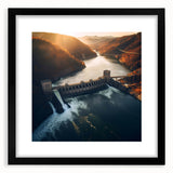 Extra large colorful art print of abstract Hoover Dam scenery on textured canvas, framed in black.