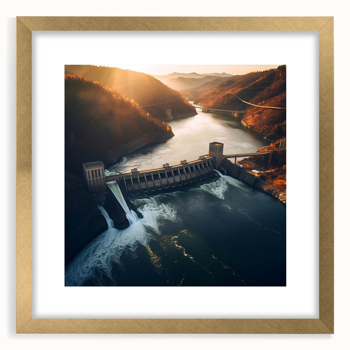 Extra large textured abstract art print of the Hoover Dam in muted earth tones, framed in gold, ideal for living room decor.