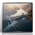 Framed acrylic print of Hoover Dam in muted gray tones, ideal for modern art wall decor in living spaces.