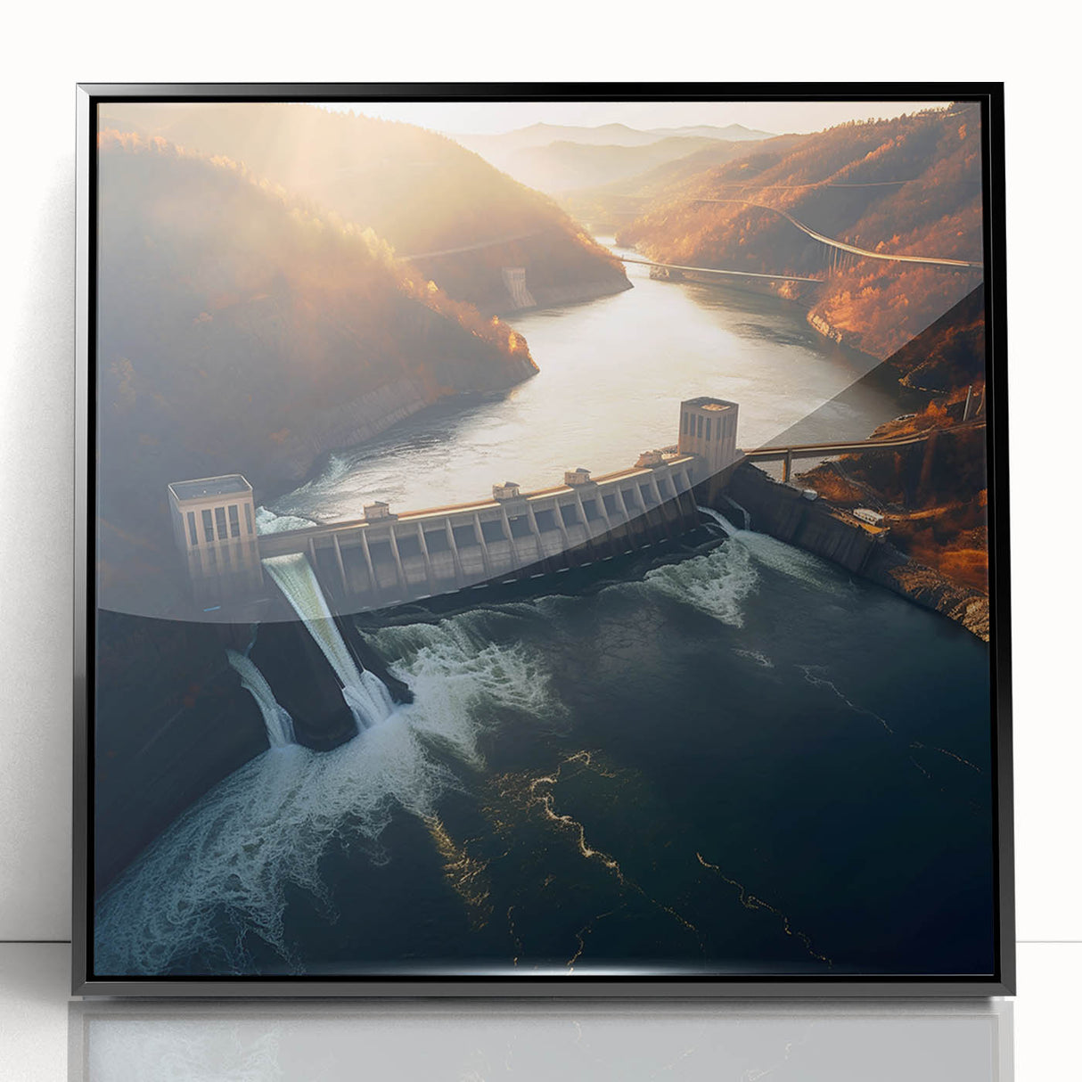 Framed acrylic print of Hoover Dam in muted gray tones, ideal for modern art wall decor in living spaces.