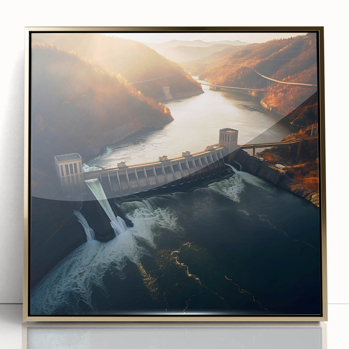 Mid-century modernist art of Hoover Dam in muted earth tones on a framed acrylic, suitable for modern art wall decor.