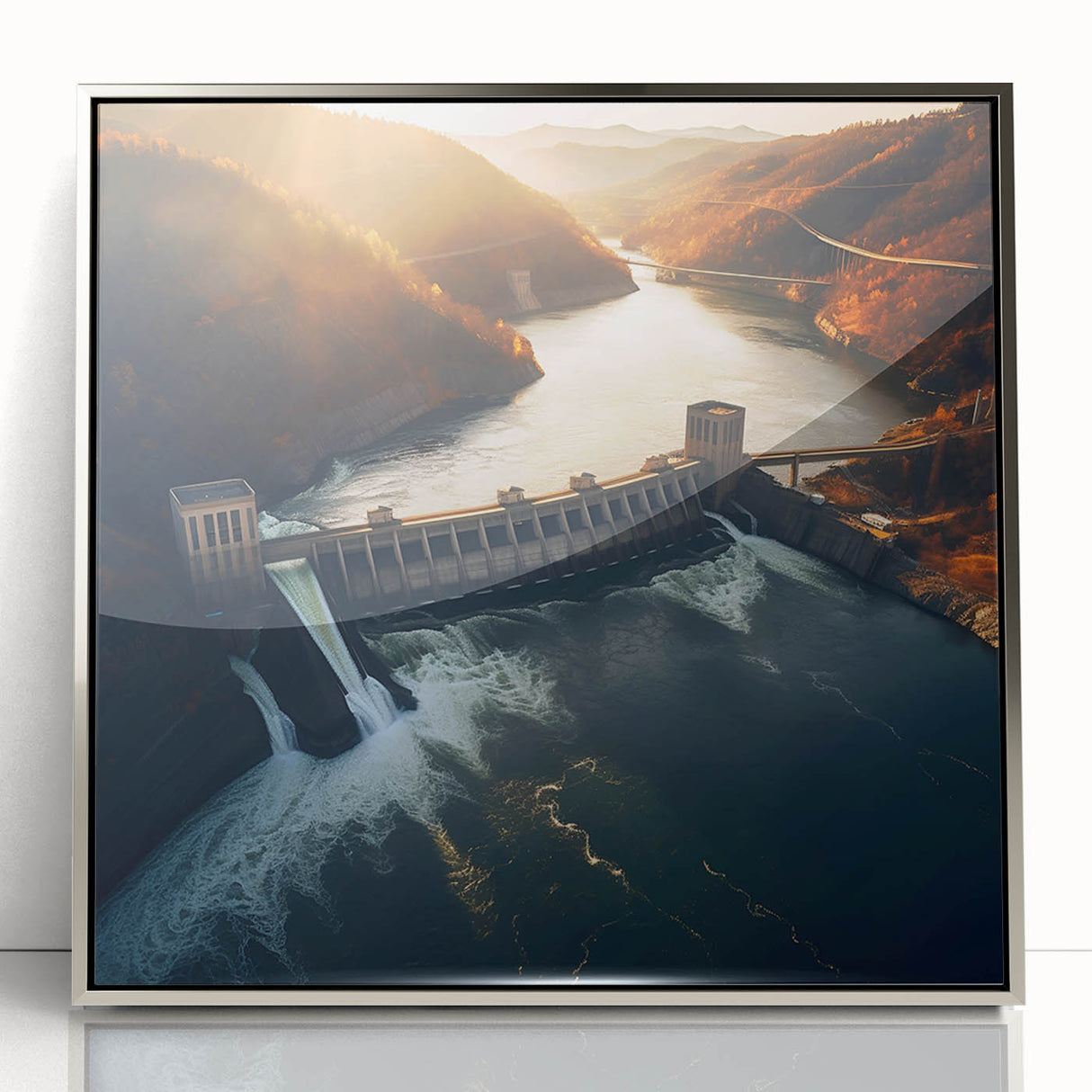 Mid-century modernist art of Hoover Dam in muted gray tones on a silver-framed acrylic print.