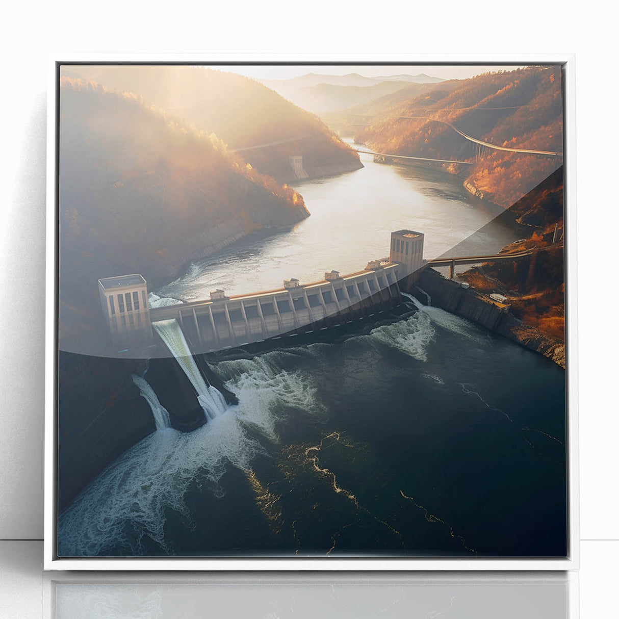Framed acrylic print of Hoover Dam in muted blue and gray tones, suitable for modern art wall decor.