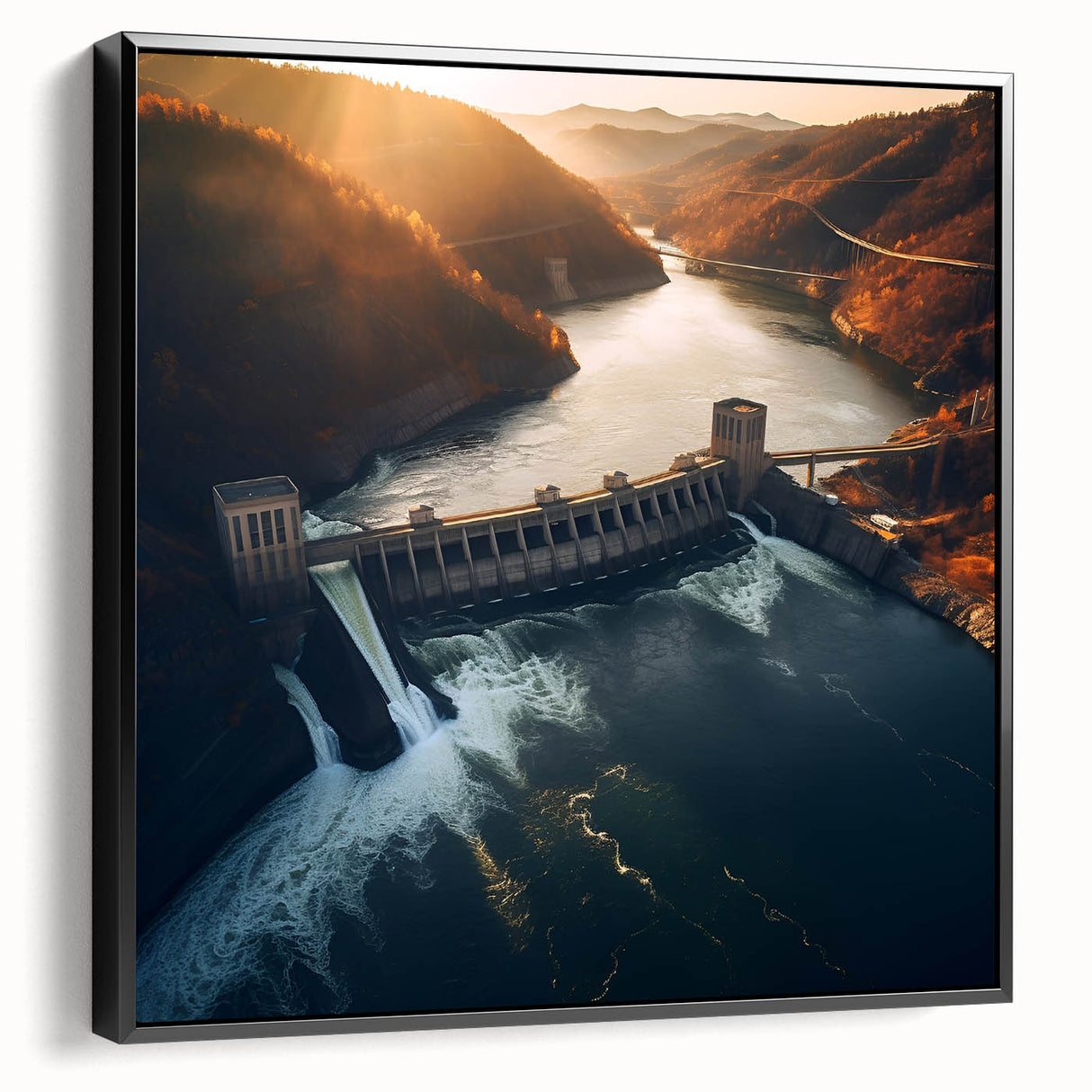 Black and white framed canvas of Hoover Dam, featuring a vintage poster art style, ideal for bedroom wall decor.