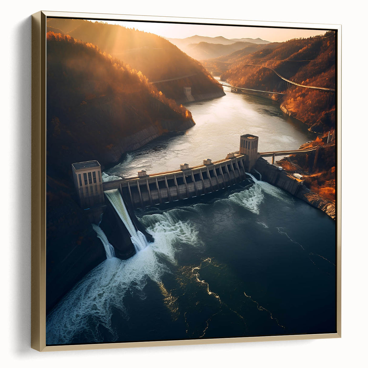 Framed canvas depicting Hoover Dam in a vintage poster style with a silver and gold color palette.