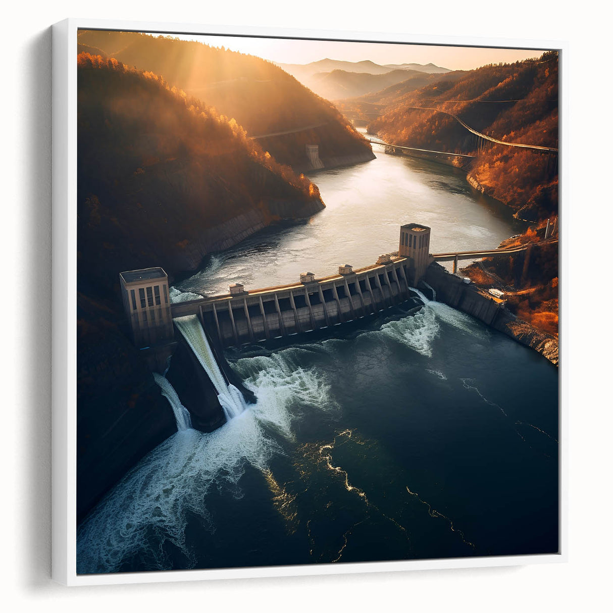 Framed canvas featuring a vintage poster art of the Hoover Dam in muted colors, ideal for living room decor.