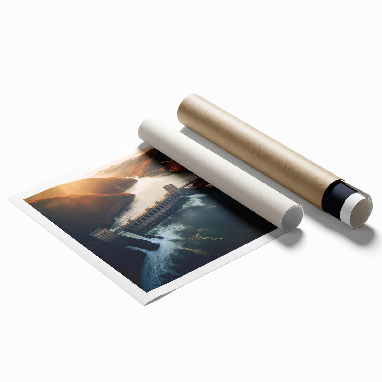 Rolled print of Hoover Dam with muted natural tones and clear blue sky, suitable for classy bathroom wall art.