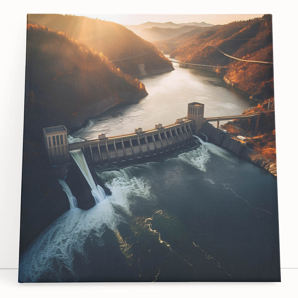 Black and white stretched canvas featuring the Hoover Dam, ideal for kitchen wall art or bedroom decor.