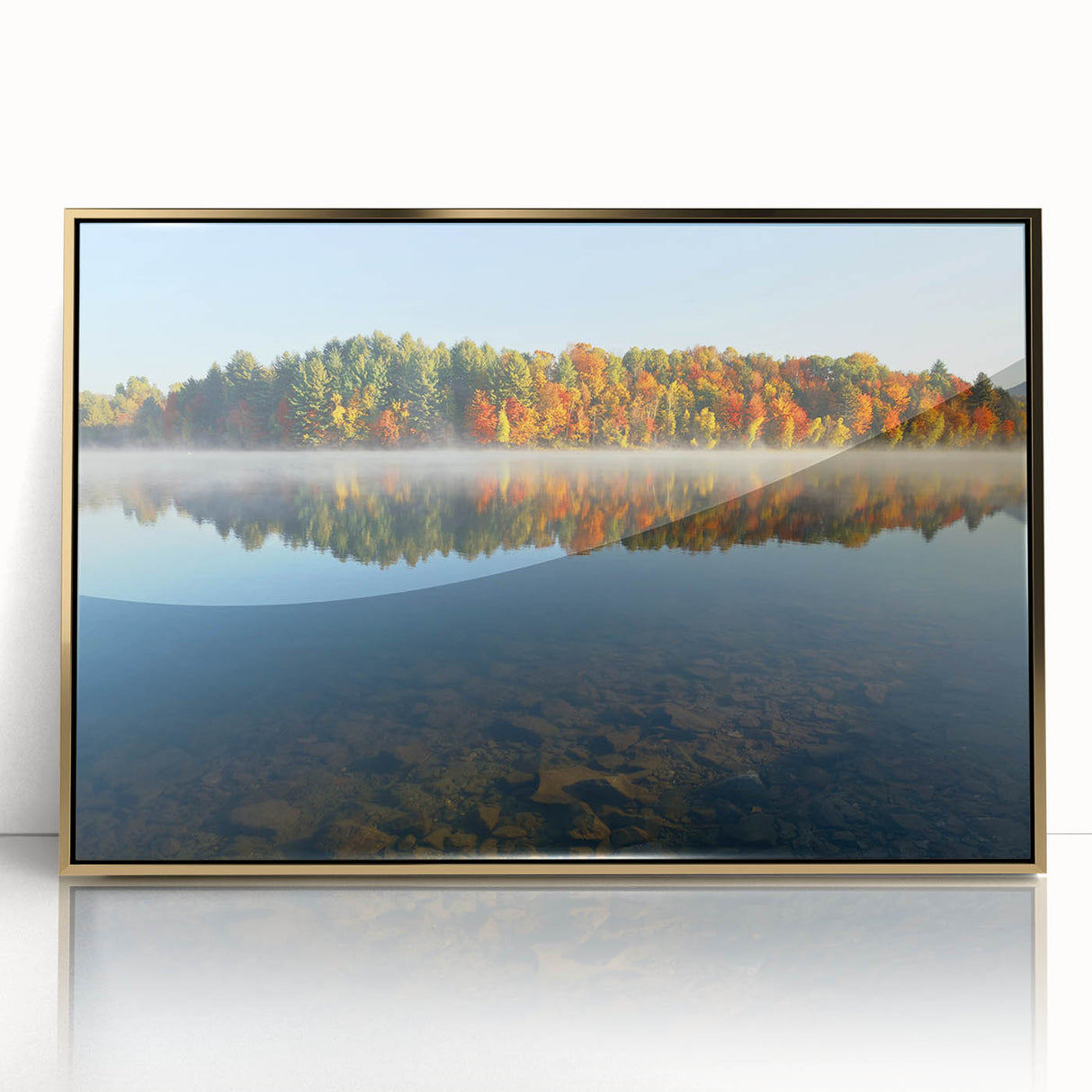 Mid-century modernist style scenery of New Hampshire in muted earth tones on a framed acrylic.