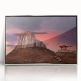 Mid-century modernist art depicting New Mexico scenery in muted earth tones on a framed acrylic panel.