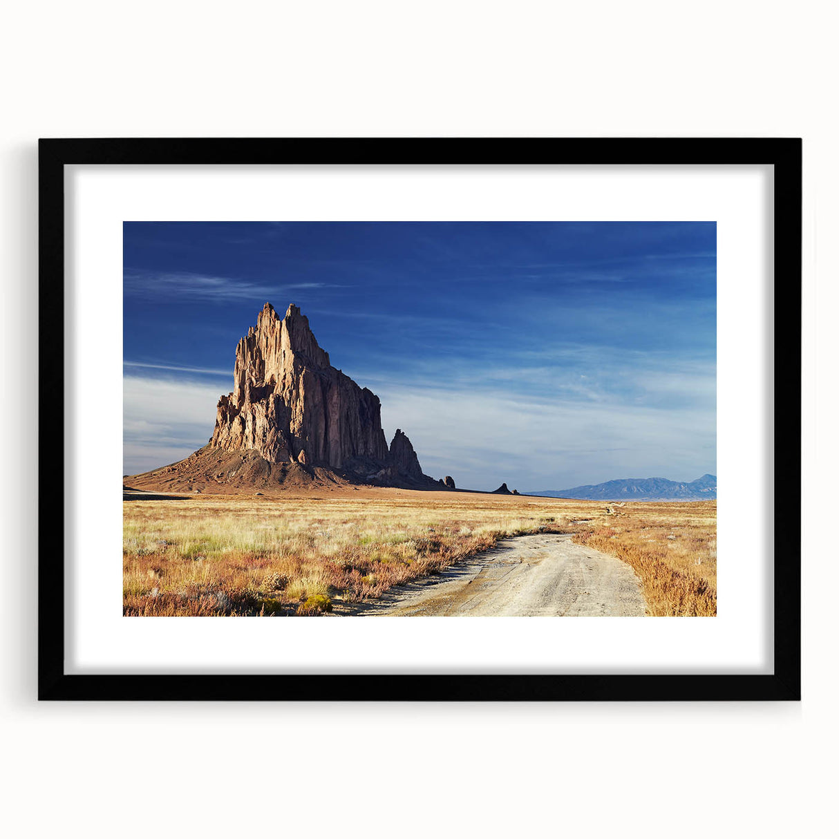 Colorful abstract art print of White Sands, New Mexico, in vibrant hues on a large textured canvas, framed in black.