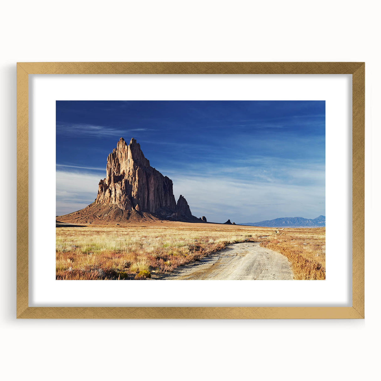 Extra large abstract art print depicting the White Sands of New Mexico in muted beige tones, framed in gold.