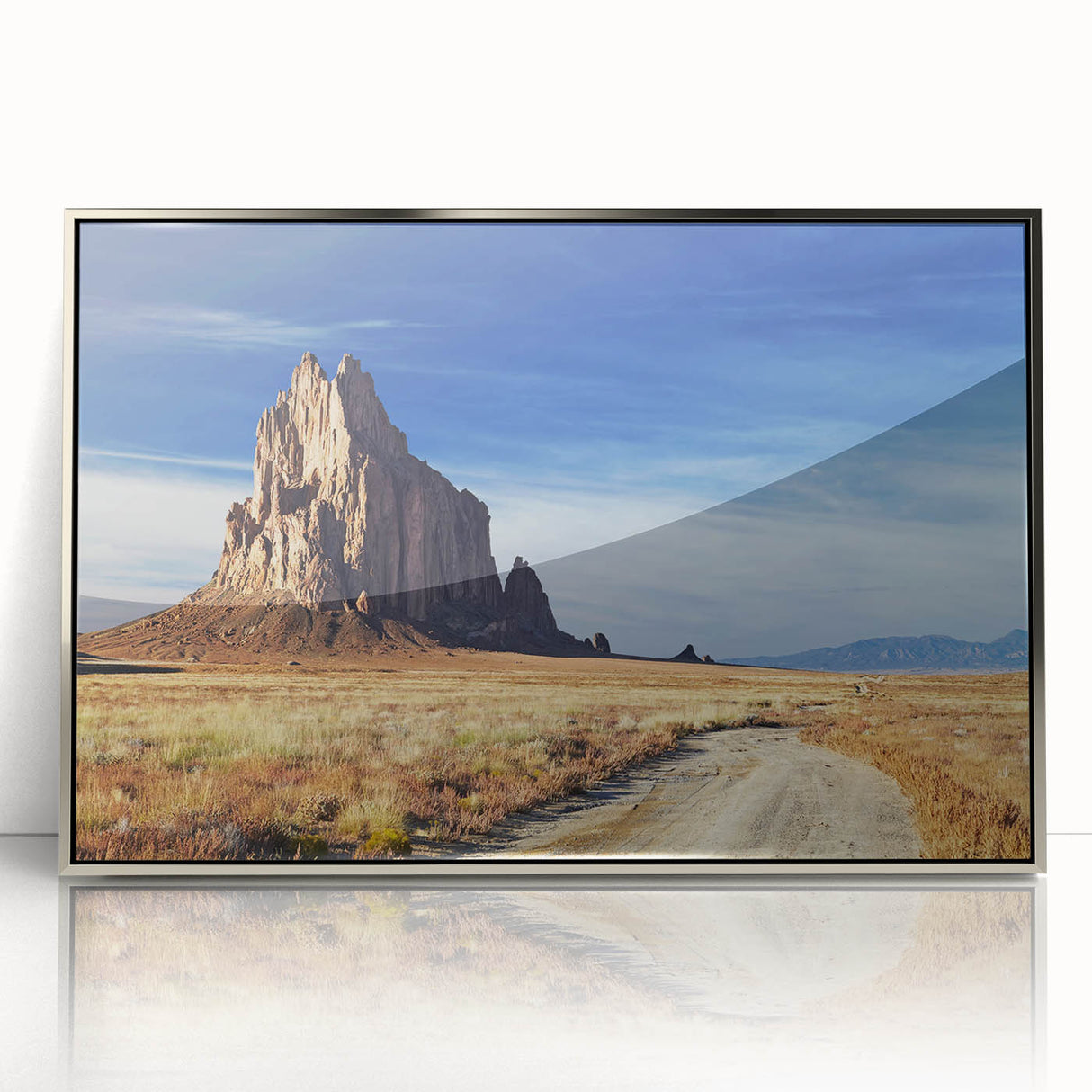 Mid-century modernist art depicting White Sands, New Mexico in muted gray and blue tones on a framed acrylic print.