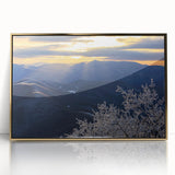 Mid-century modernist Blue Ridge mountain landscape in muted earth tones, framed acrylic print.