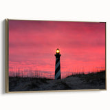 Framed canvas depicting Cape Hatteras with muted gold and black tones in a vintage poster art style.
