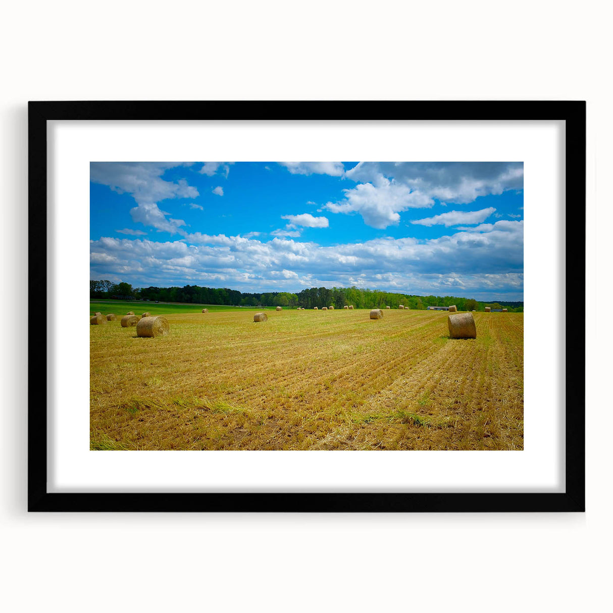 Abstract art print of Raleigh with vibrant, colorful textures on a black framed mat, suitable for large living room walls.