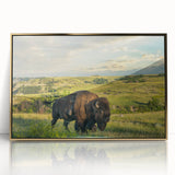 Acrylic print of North Dakota scenery in gold frame, featuring mid-century modernist style, ideal for nursery wall art.