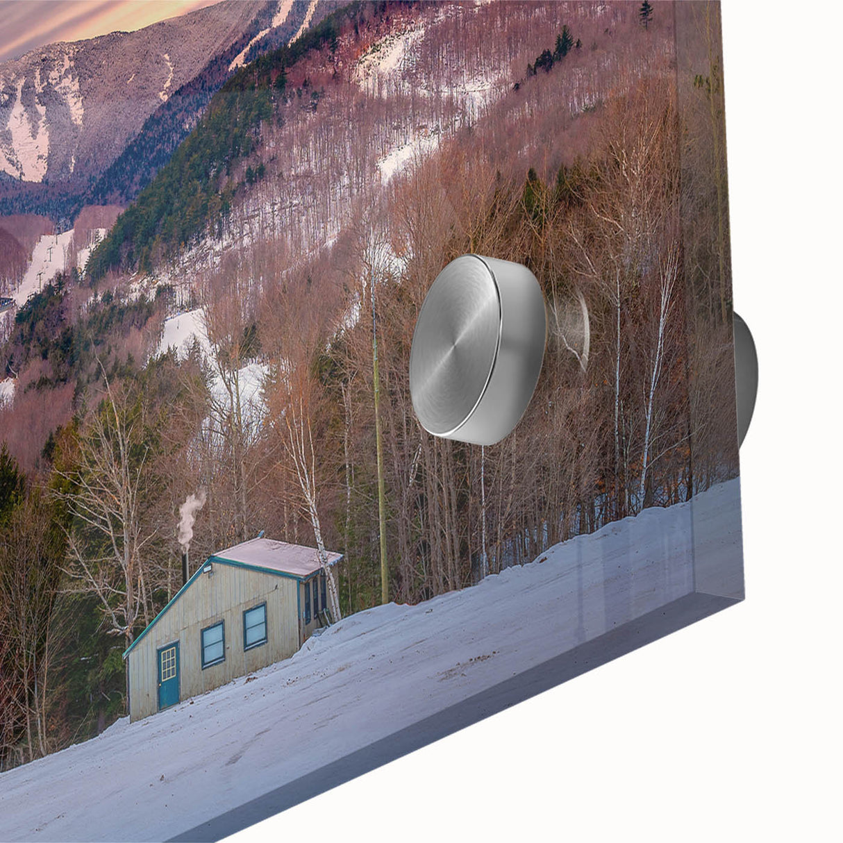 Large abstract depiction of the Adirondacks in muted earth tones on acrylic glass, suitable for dining room art.