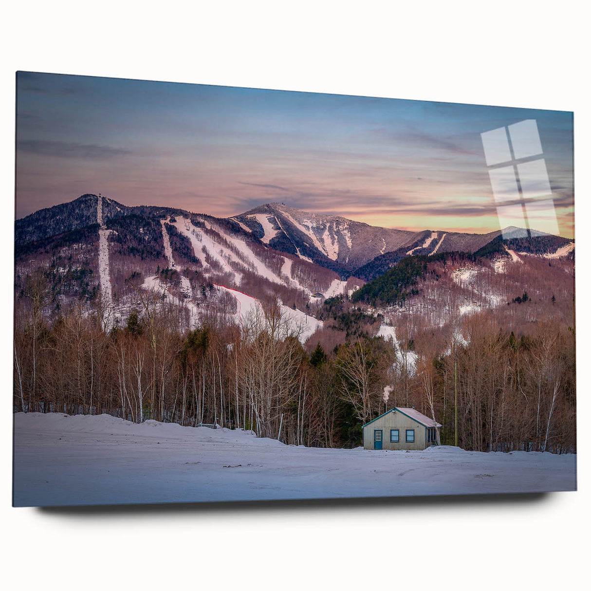 Large abstract depiction of Adirondacks in muted earth tones on acrylic glass, suitable for bedroom or dining room decor.