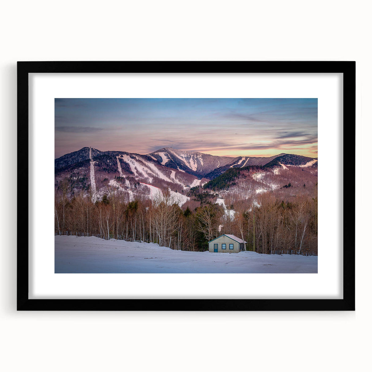 Extra large abstract art print of colorful, textured scenery of the Adirondacks on a framed black canvas.