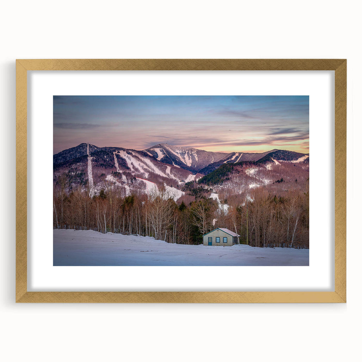 Extra large abstract art print of Adirondacks scenery in muted earth tones, framed in gold, suitable for living room decor.