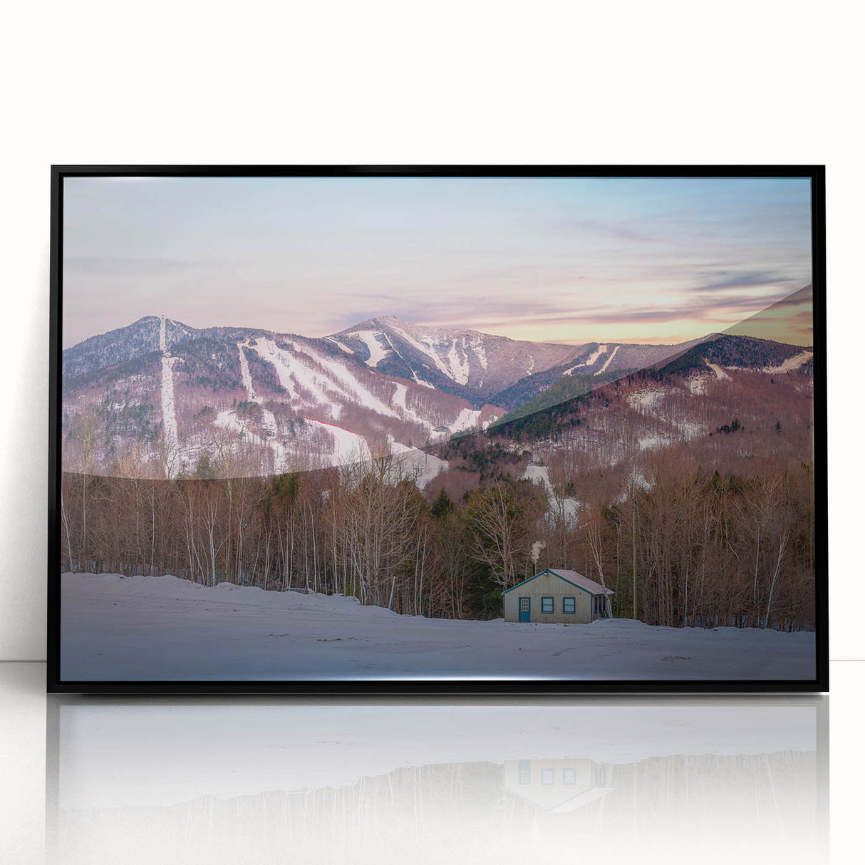 Large abstract wall art of Adirondacks in muted earth tones on framed acrylic, ideal for modern living room decor.