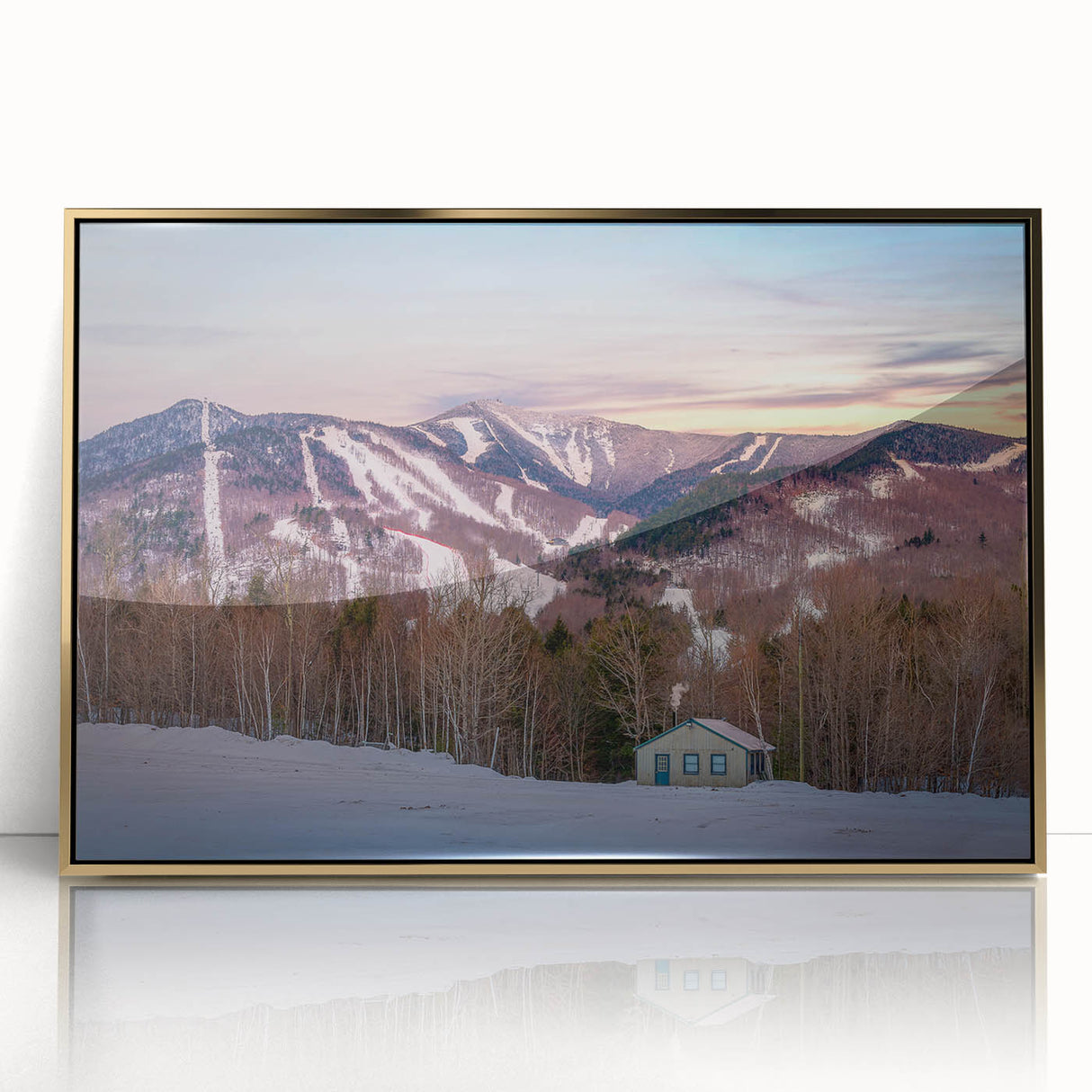 Framed acrylic print of Adirondacks scenery in earthy tones, ideal for modern art wall decor.