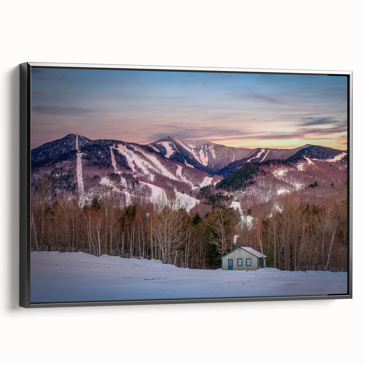 Black and white framed canvas landscape art of the Adirondacks, ideal for bedroom decor.
