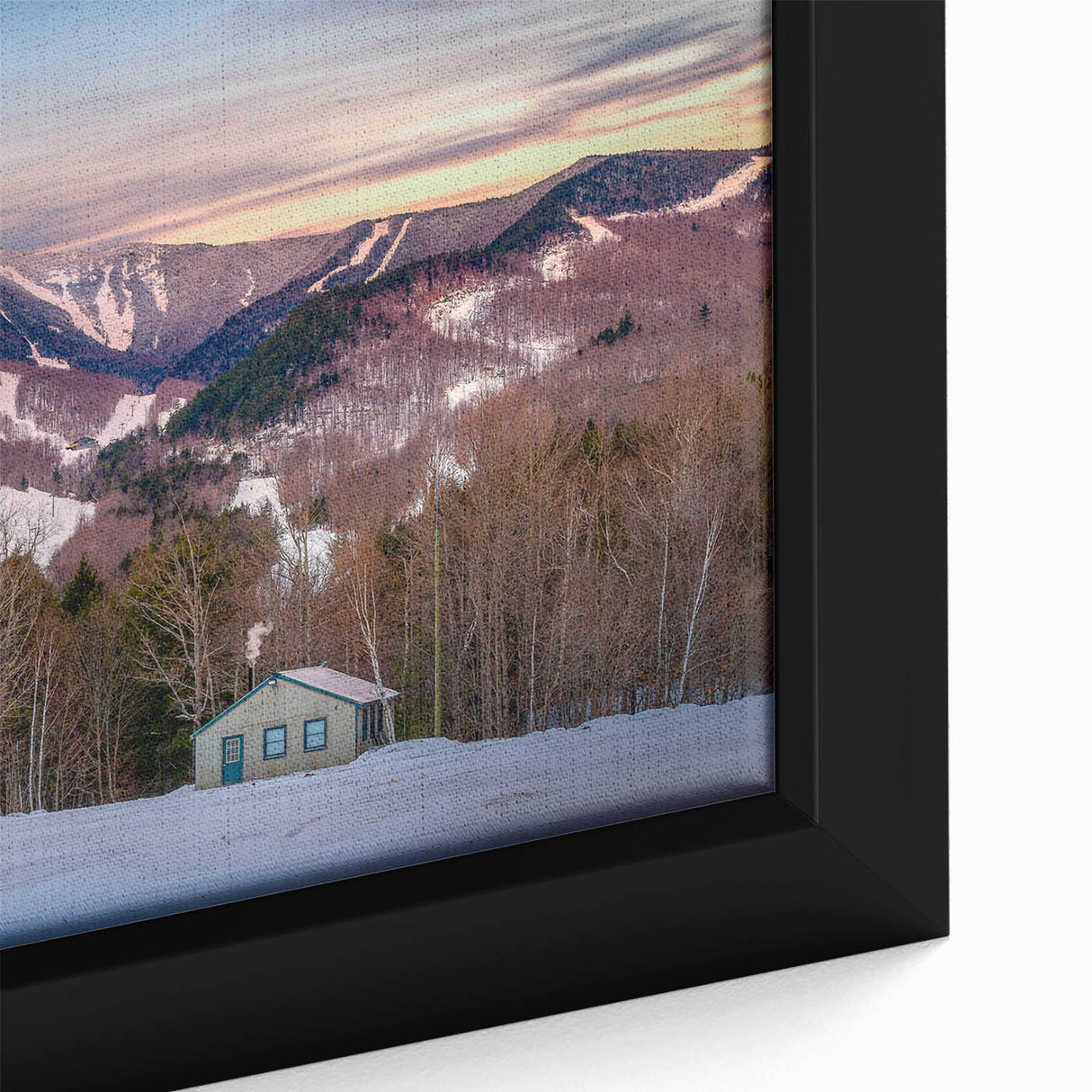 Extra large framed canvas featuring a textured depiction of the Adirondacks in black with colorful accents.
