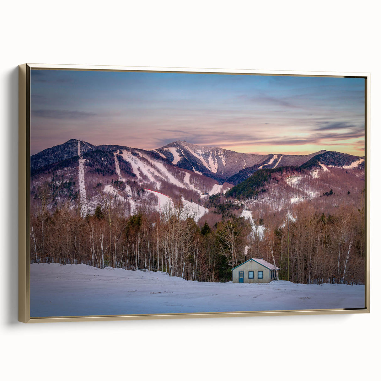 Framed canvas depicting a vintage-style Adirondack landscape in black and gold tones, ideal for bedroom wall art.