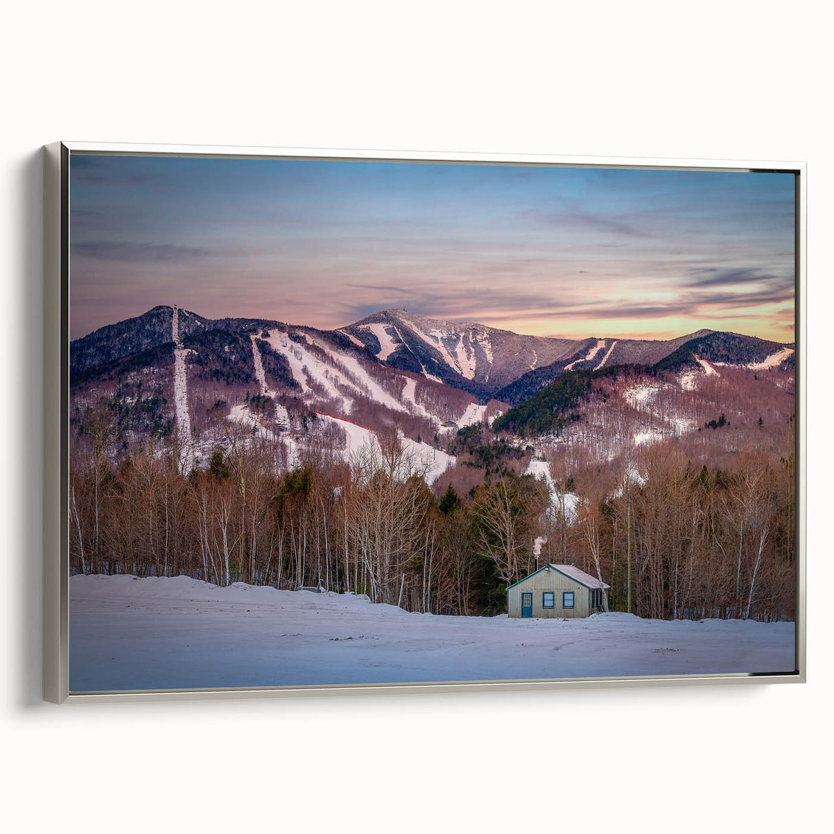 Landscape art painting of Adirondacks with vibrant autumn colors on framed canvas, ideal for living room decor.