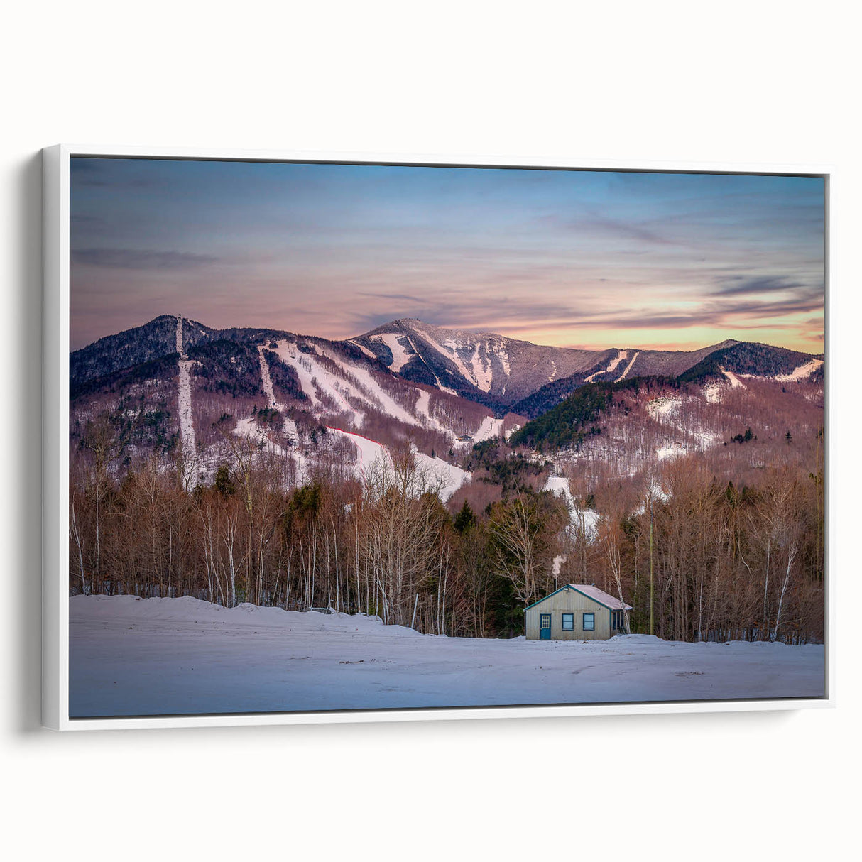 Vintage poster art of Adirondacks with colorful palette on extra large framed canvas, ideal for living room decor.