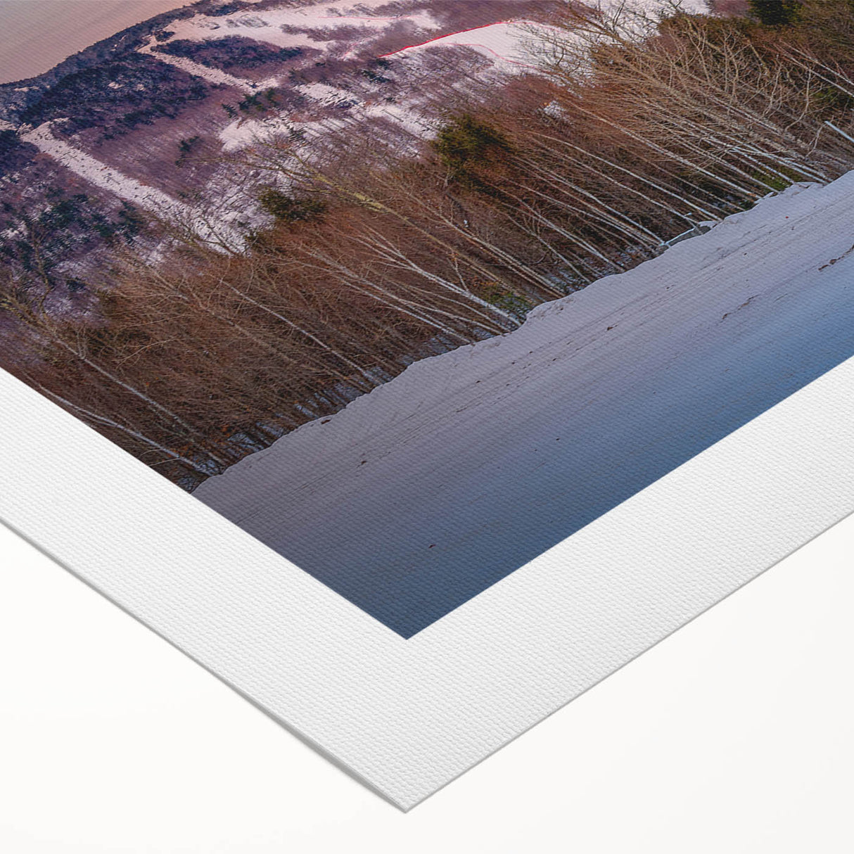 Art deco poster of Adirondack scenery in muted green and blue tones on rolled canvas, suitable for dining room wall art.