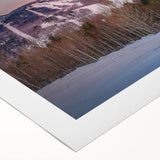Art deco poster of Adirondack scenery in muted green and blue tones on rolled canvas, suitable for dining room wall art.
