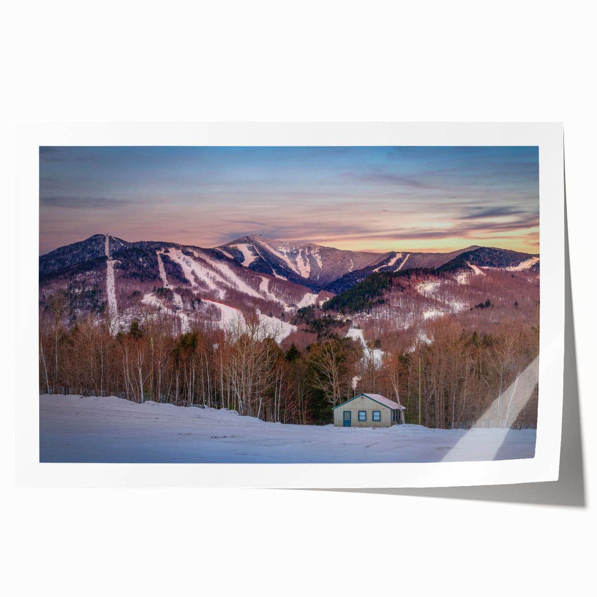 Extra large rolled print of the Adirondacks in muted green and blue tones, suitable as art wall dining room decor.