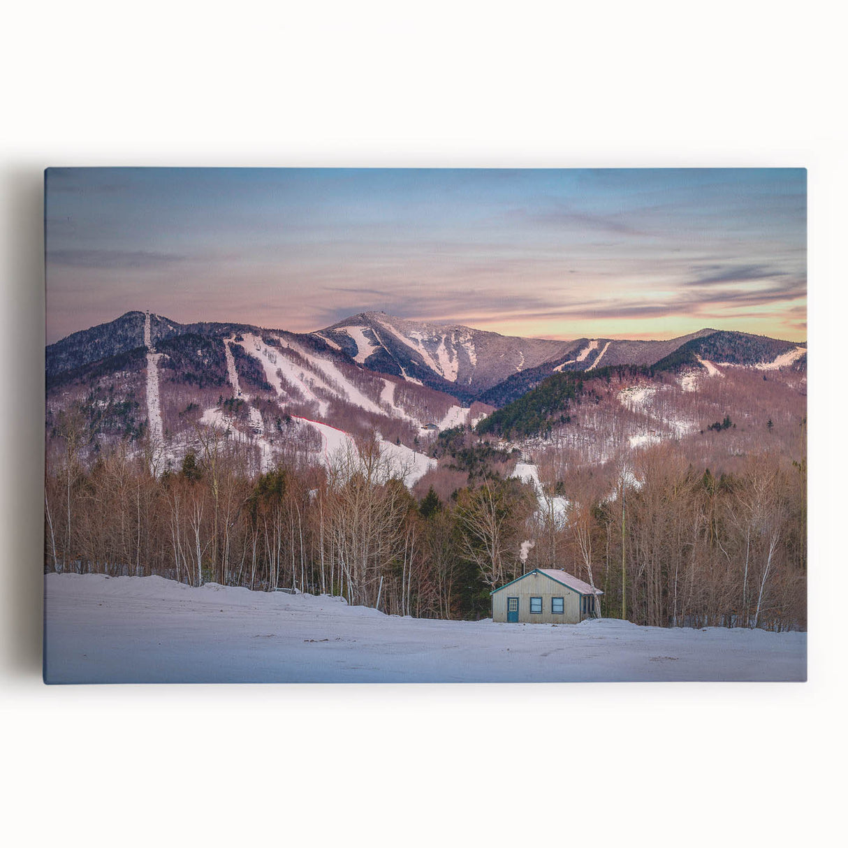 Black and white photograph of Adirondack scenery on large stretched canvas, suitable as kitchen wall art.