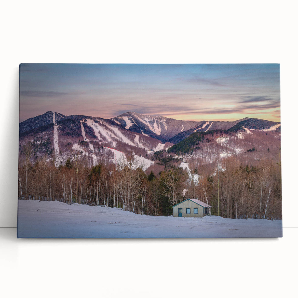 Black and white photo of Adirondack scenery on large stretched canvas, ideal for kitchen wall art or bedroom decor.