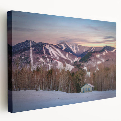 Large art depicting the Adirondacks in muted green and blue tones on stretched canvas, suitable for kitchen wall art.