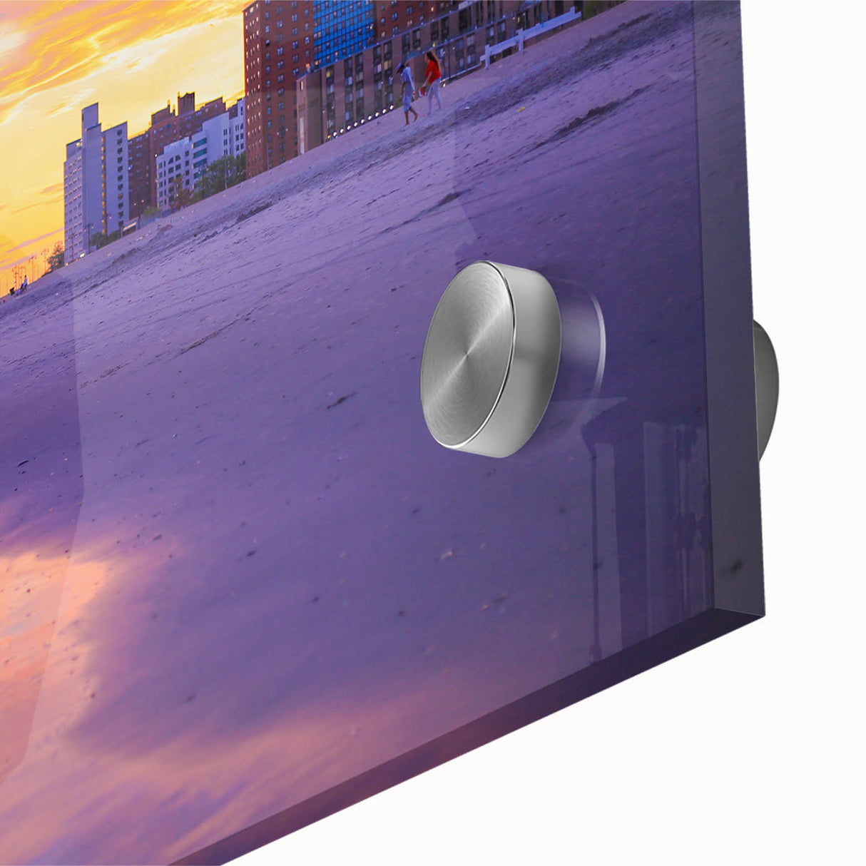 Large abstract depiction of Coney Island in muted blue and gray on acrylic glass, suitable for dining room art.
