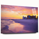 Acrylic print of Coney Island with vibrant blue and green tones, suitable for dining room decor.