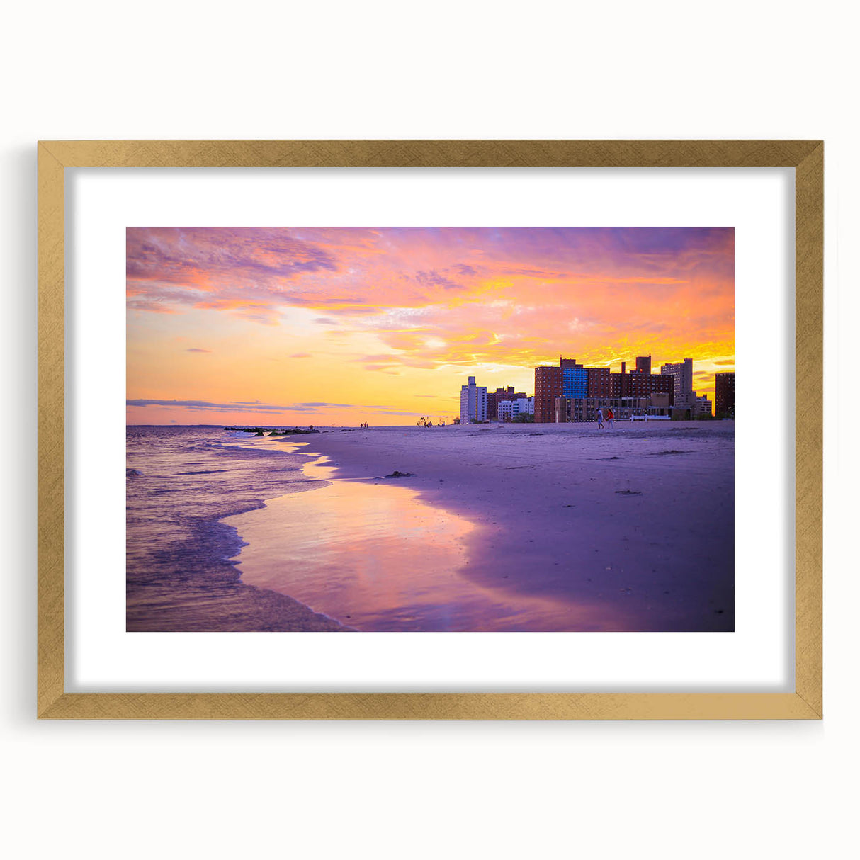 Extra large abstract art print of Coney Island, featuring textured elements in vibrant colors, framed in gold.