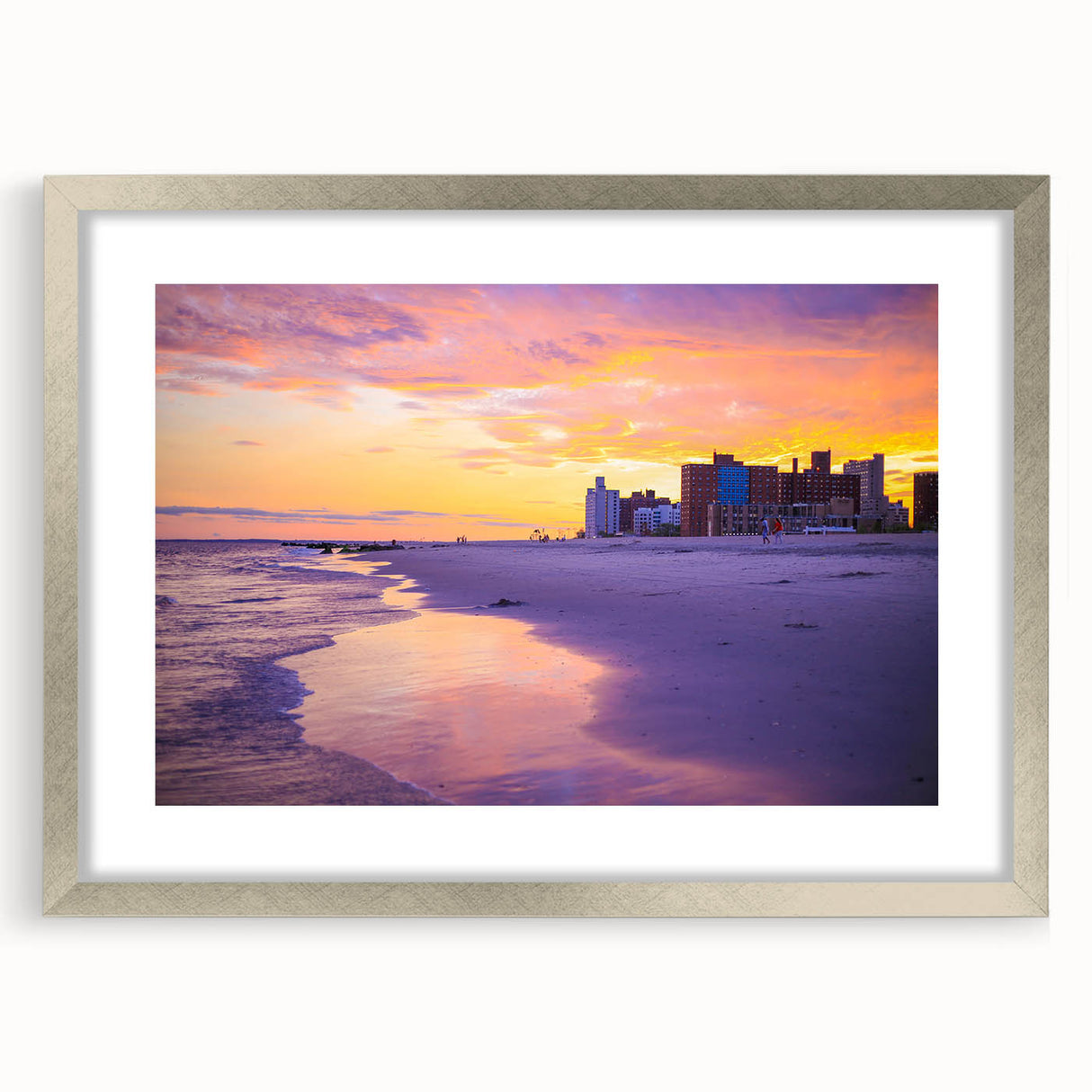 Textured abstract art print of Coney Island in muted blues and grays, framed with a silver mat, suitable for bedroom decor.