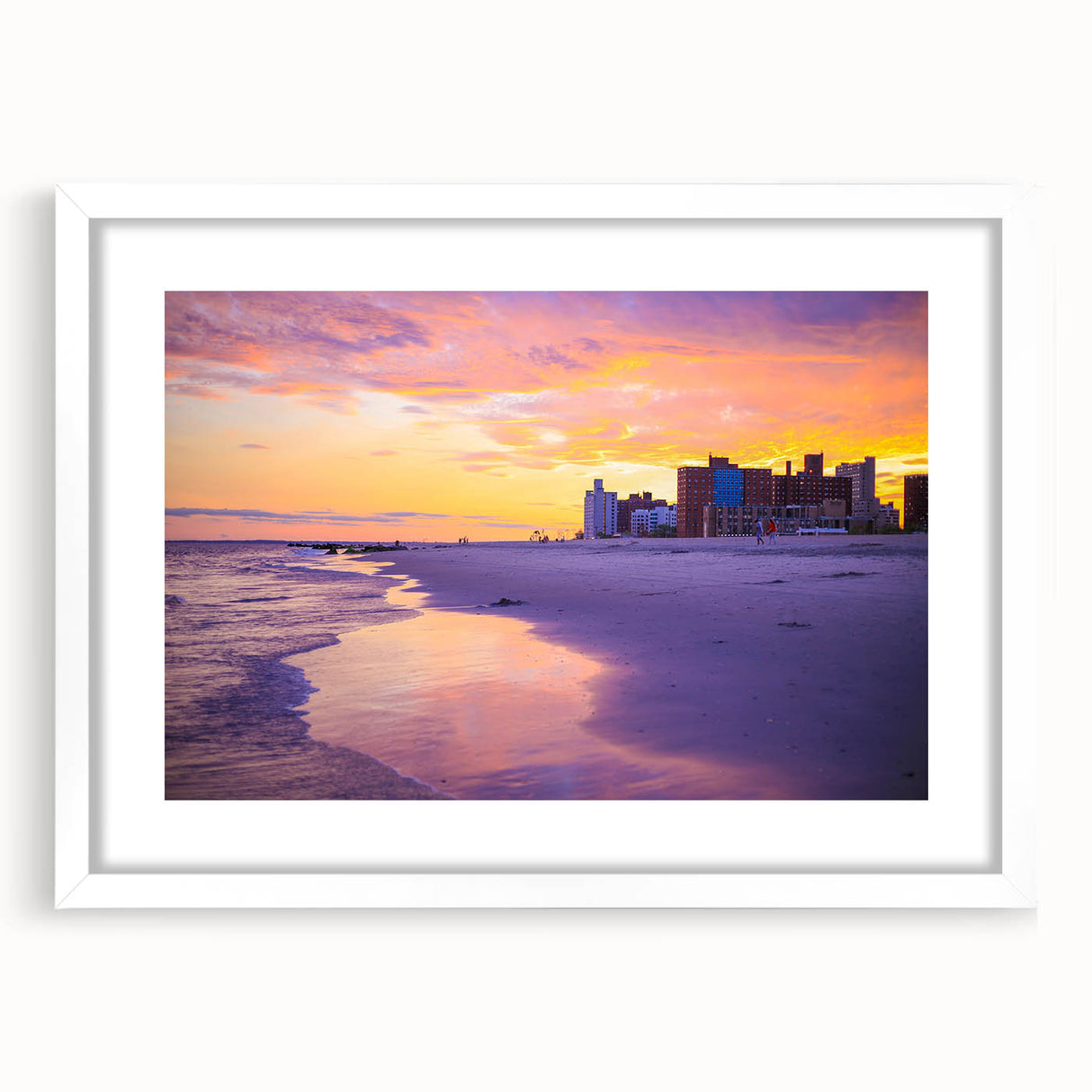 Abstract art print of Coney Island in muted blue and gray tones on a framed white mat, suitable for dining room decor.