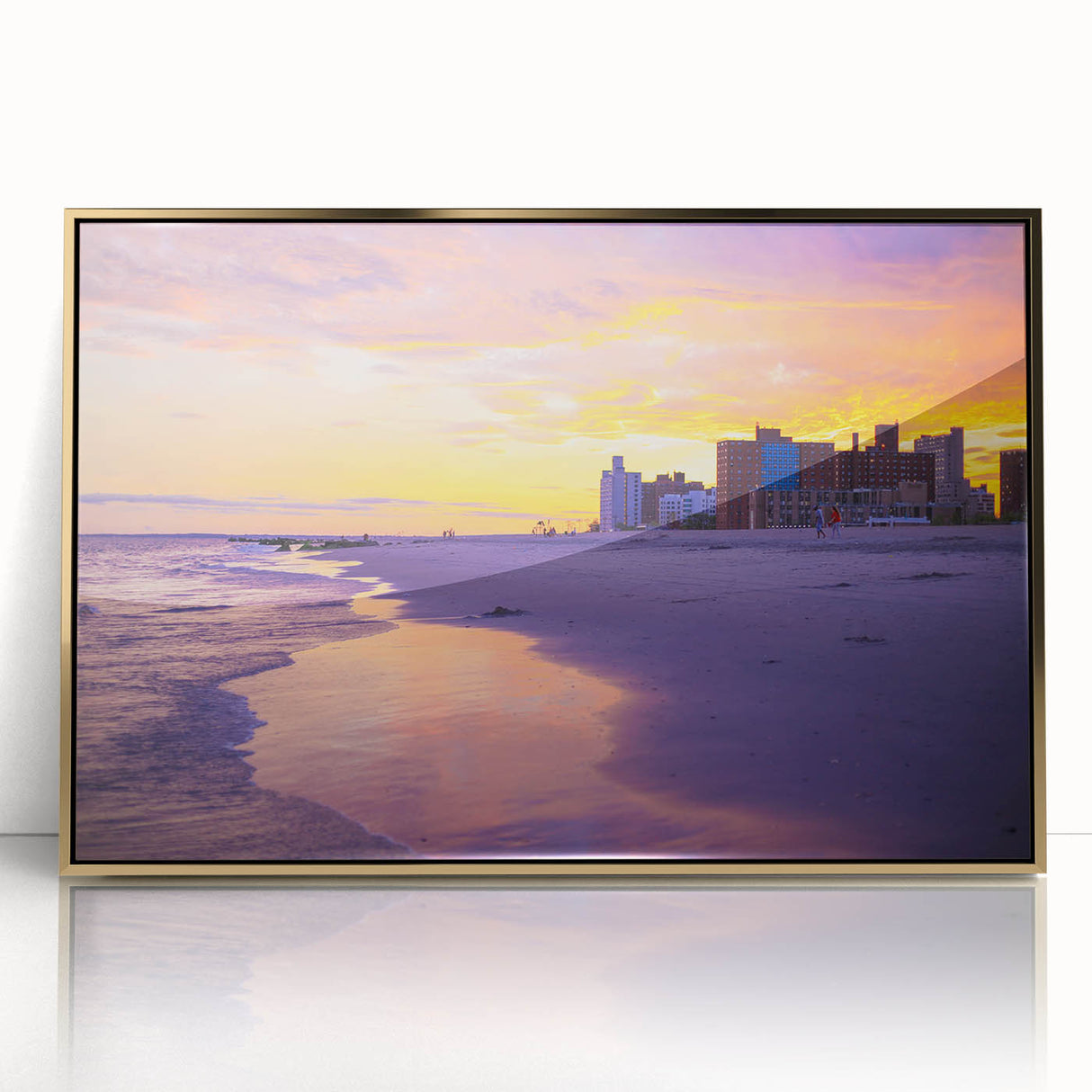 Large abstract wall art of Coney Island in muted gold and blue tones, framed acrylic, ideal for modern art wall decor.