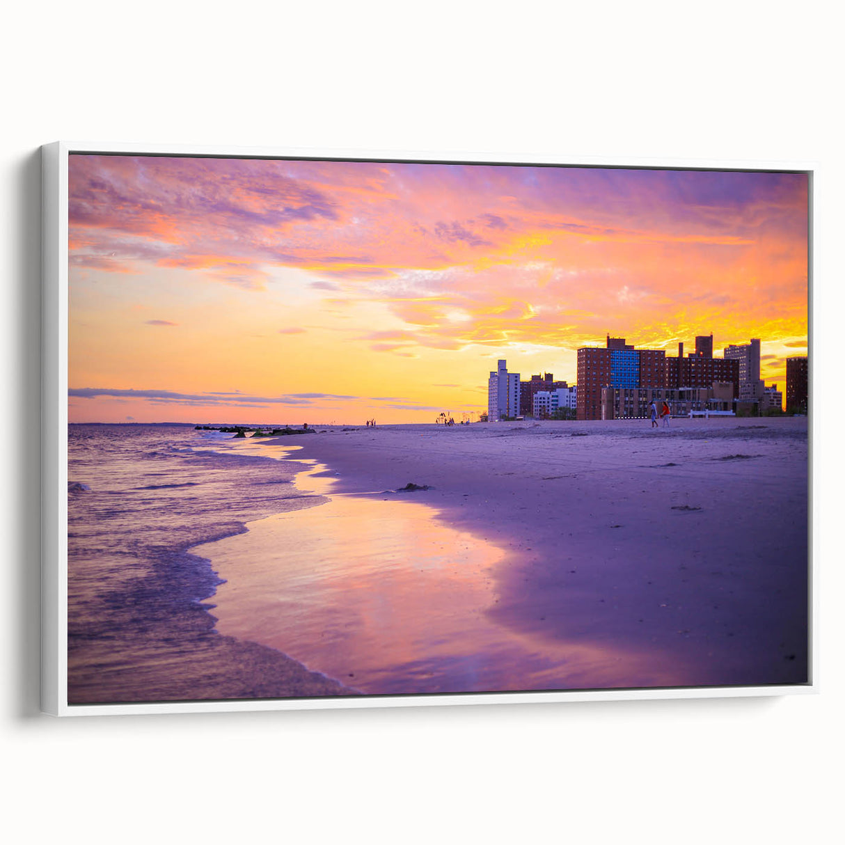 Vintage poster art of Coney Island with vibrant colors on a large framed canvas, ideal for living room decor.