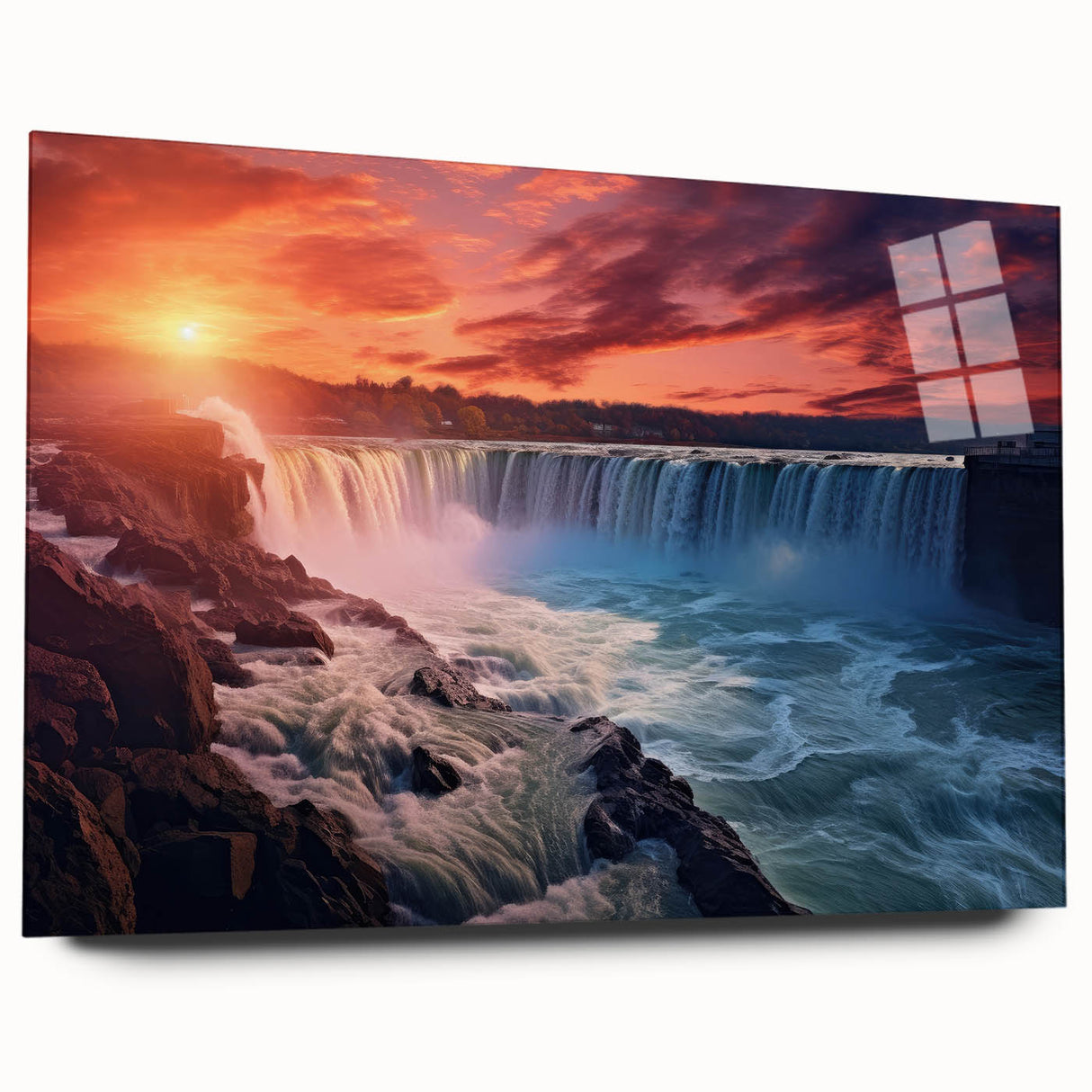Large abstract depiction of Niagara Falls in vibrant blue and white on acrylic glass.