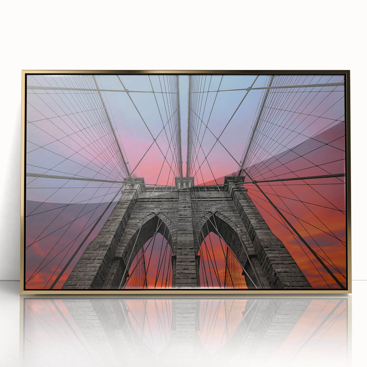 Acrylic print of the Brooklyn Bridge in muted gray and gold tones, styled in mid-century modernist design.