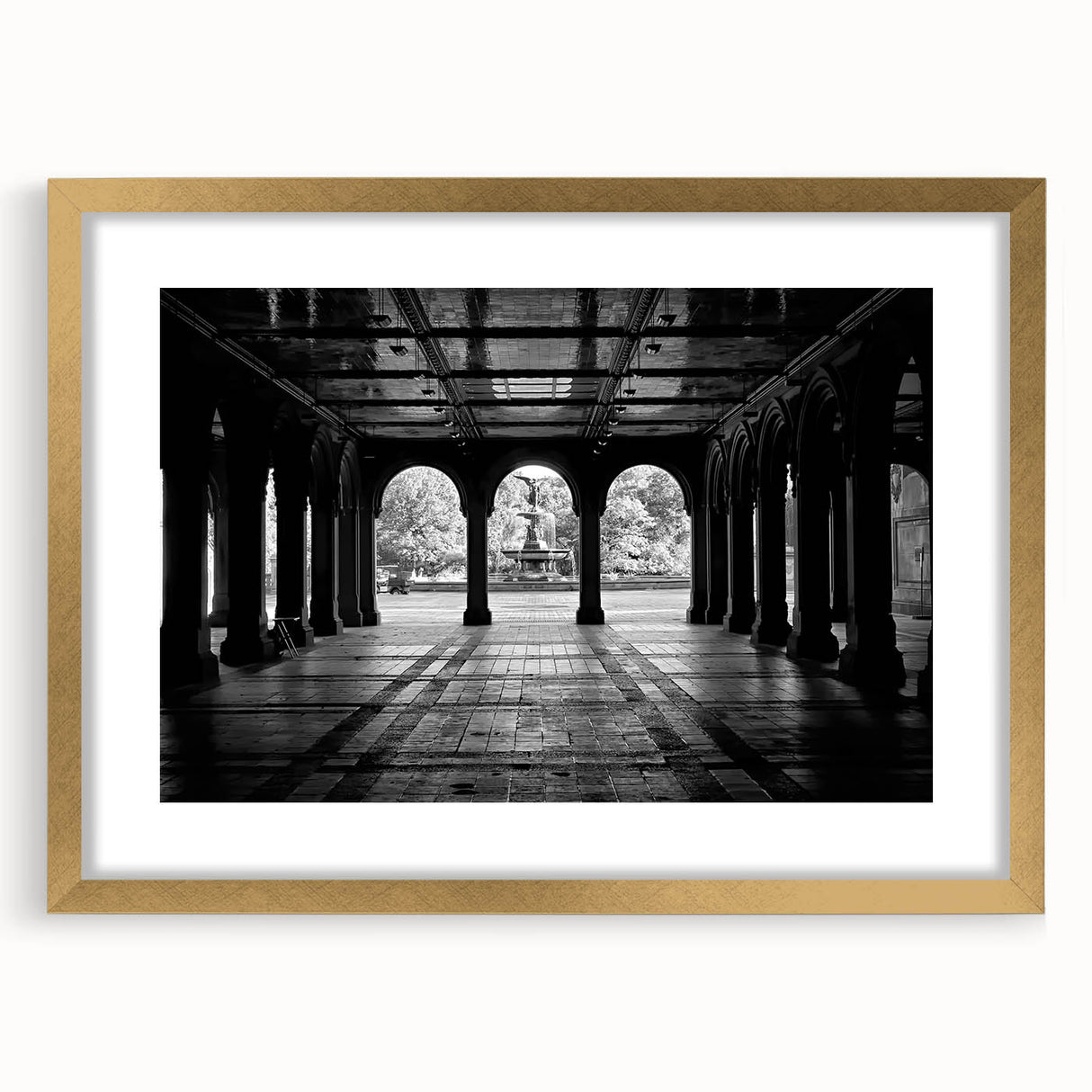 Extra large abstract art print of Central Park in muted green and brown tones on a textured canvas, framed in gold.
