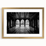 Extra large abstract art print of Central Park in muted green and brown tones on a textured canvas, framed in gold.
