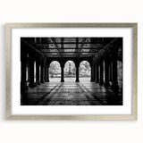 Textured art print of Central Park in abstract style, rendered in muted green and brown tones, framed in silver.